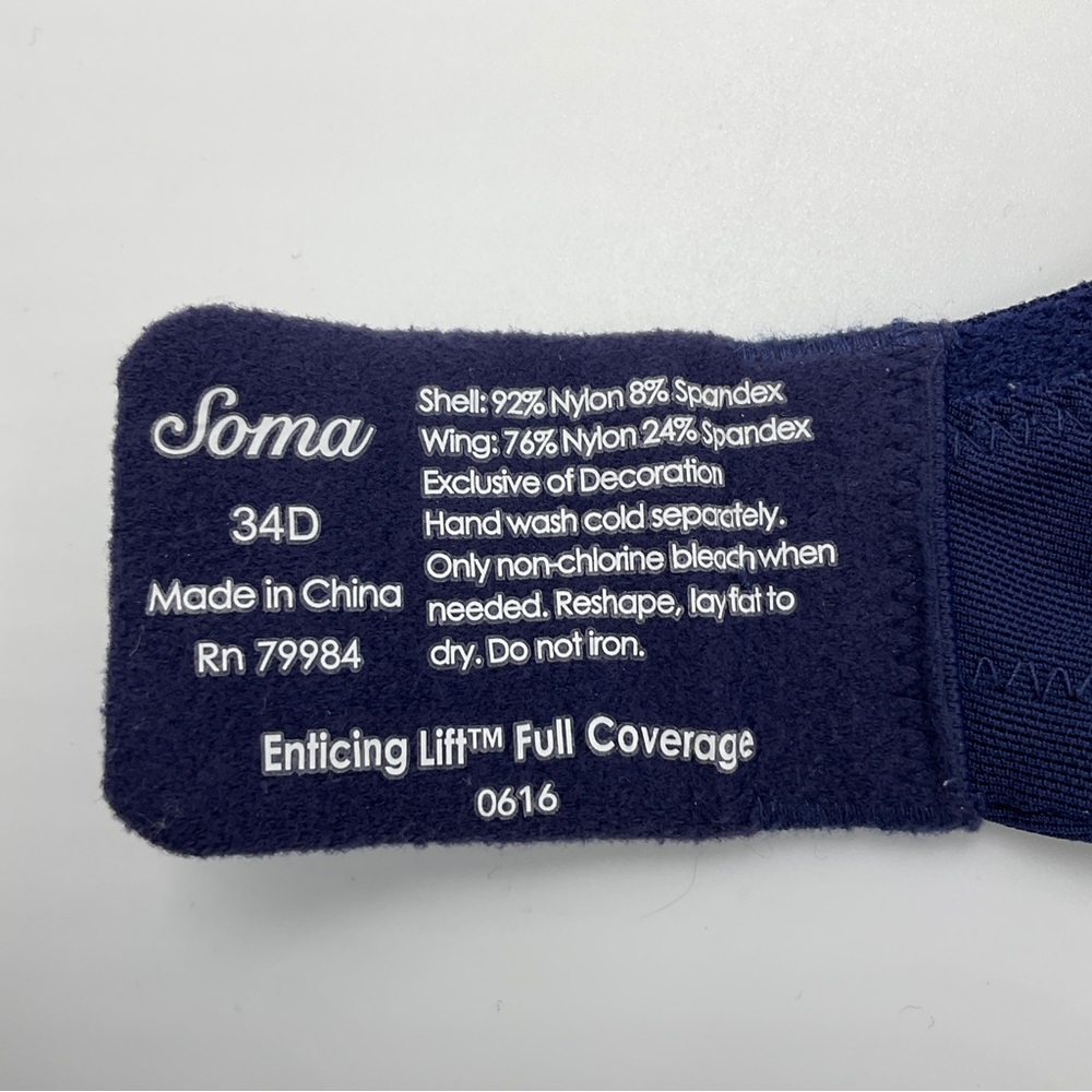 Soma EUC Enticing Lift Full Coverage Navy Lace Bra Nude Background 34D - Picture 14 of 16